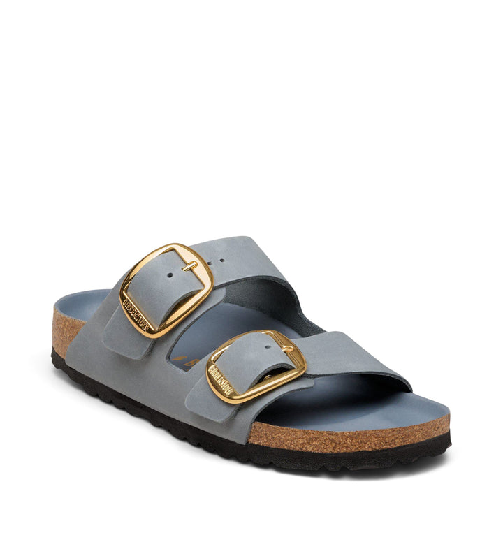 House of Florian Arizona Big Buckle sandals in basalt grey oiled leather with large gold buckles and cork footbed