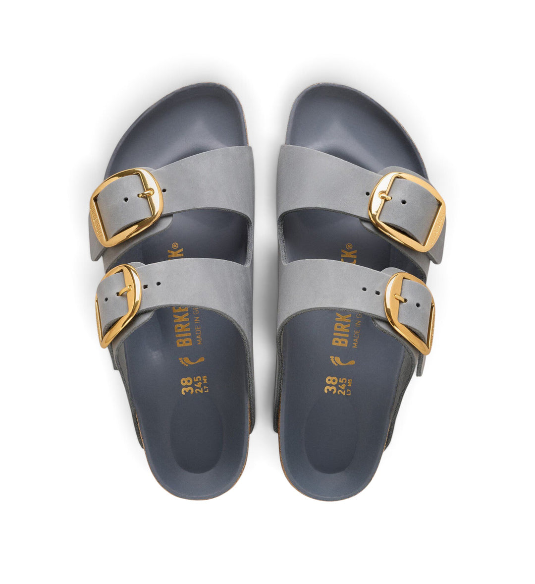 House of Florian Arizona Big Buckle sandals in basalt grey oiled leather with oversized gold-tone buckles