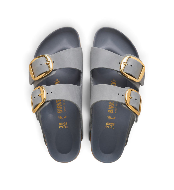 House of Florian Arizona Big Buckle sandals in basalt grey oiled leather with oversized gold-tone buckles