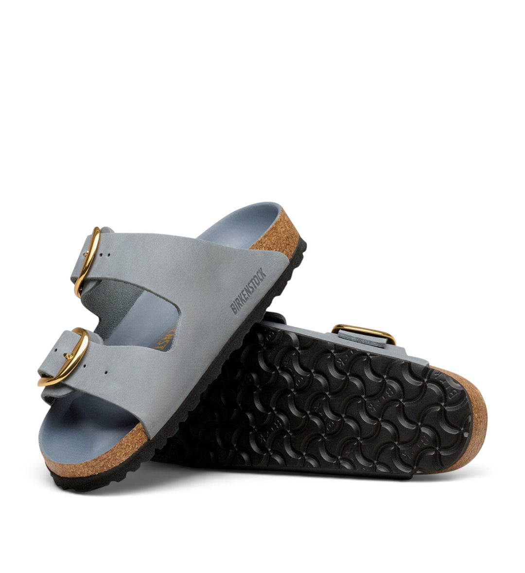 House of Florian Arizona Big Buckle sandals in basalt grey oiled leather with gold buckles and cork footbed