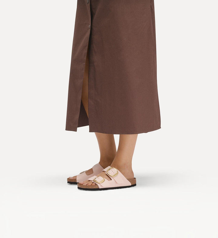 House of Florian Arizona Big Buckle sandals in light rose Birkibuc with gold buckles worn with a brown midi skirt