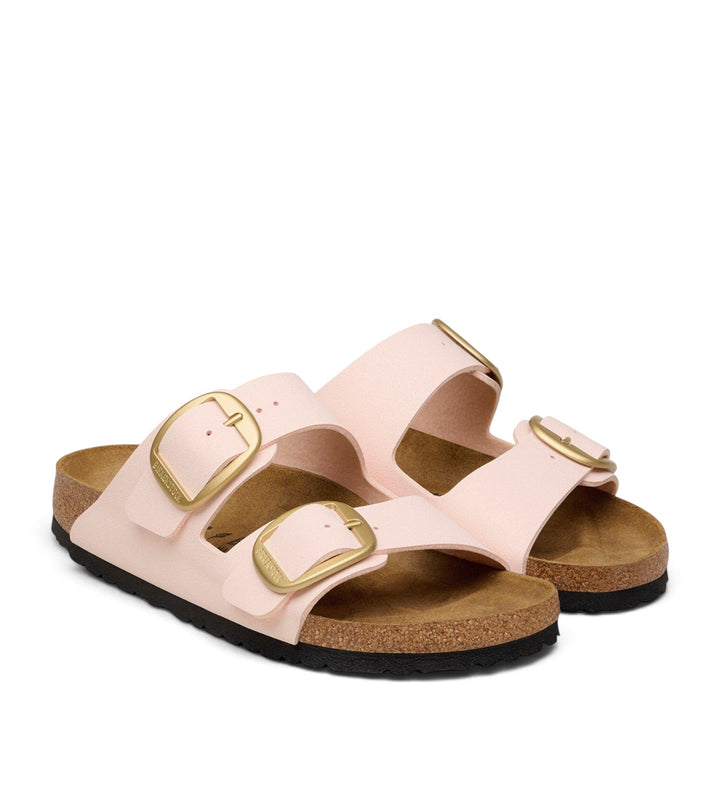 House of Florian Arizona Big Buckle sandals in light rose Birkibuc with gold buckles and cork footbed