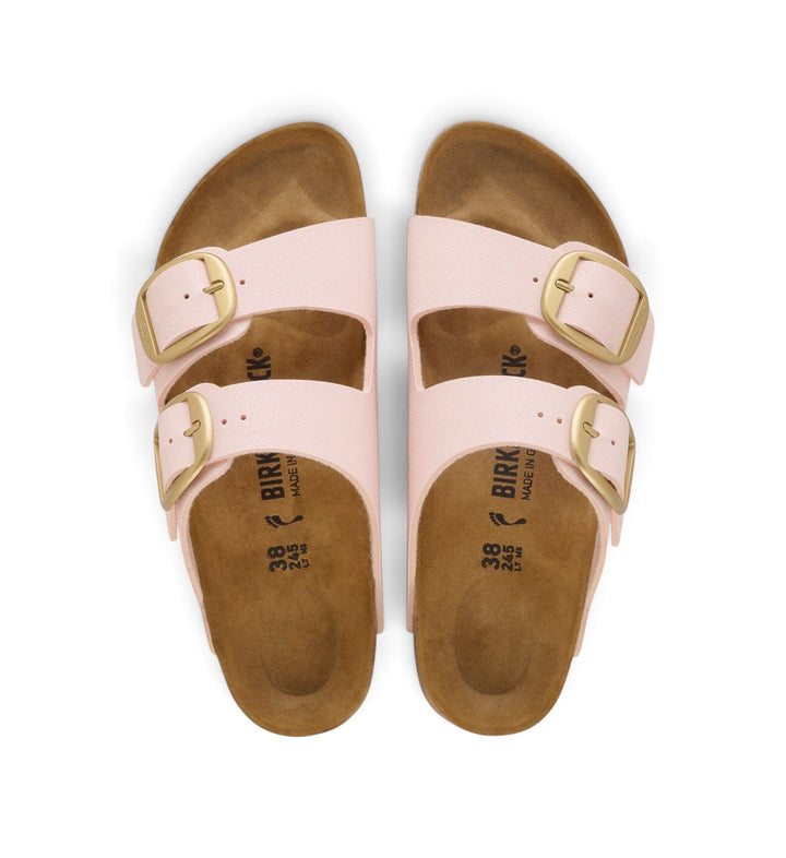 House of Florian Arizona Big Buckle sandals in light rose Birkibuc with gold buckles and contoured cork footbed