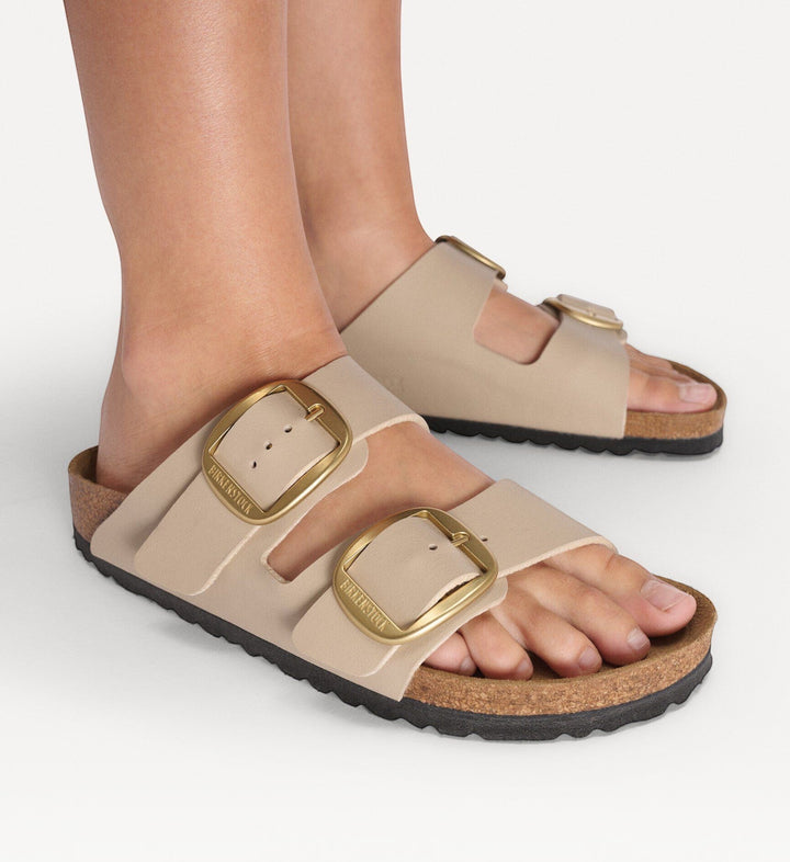 House of Florian Arizona Big Buckle sandals in sandcastle beige Birko-Flor with oversized gold buckles