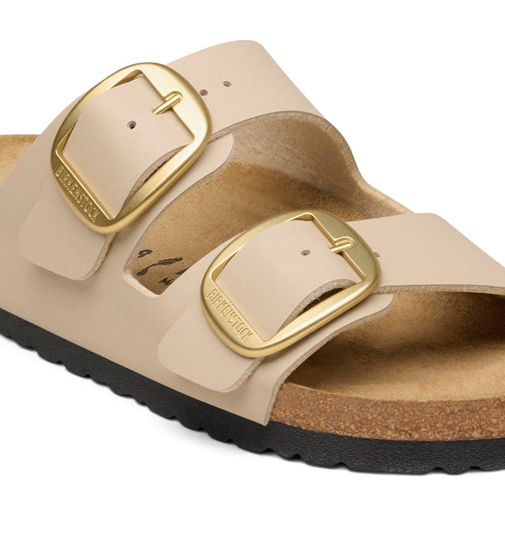 House of Florian Arizona Big Buckle sandals in sandcastle beige Birko-Flor with oversized gold buckles