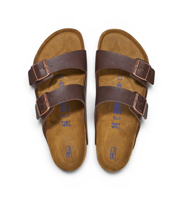 House of Florian Arizona Birko-Flor SFB dark brown leather sandals with two adjustable buckle straps and cork footbed.