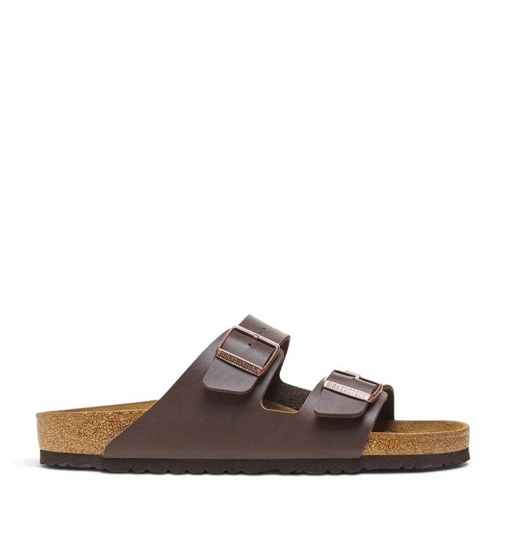 House of Florian Arizona Birko-Flor SFB dark brown sandals with cork footbed and adjustable buckle straps.