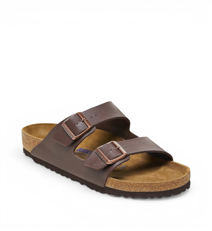 House of Florian Arizona Birko-Flor SFB dark brown double strap sandals with adjustable buckles and cork footbed.