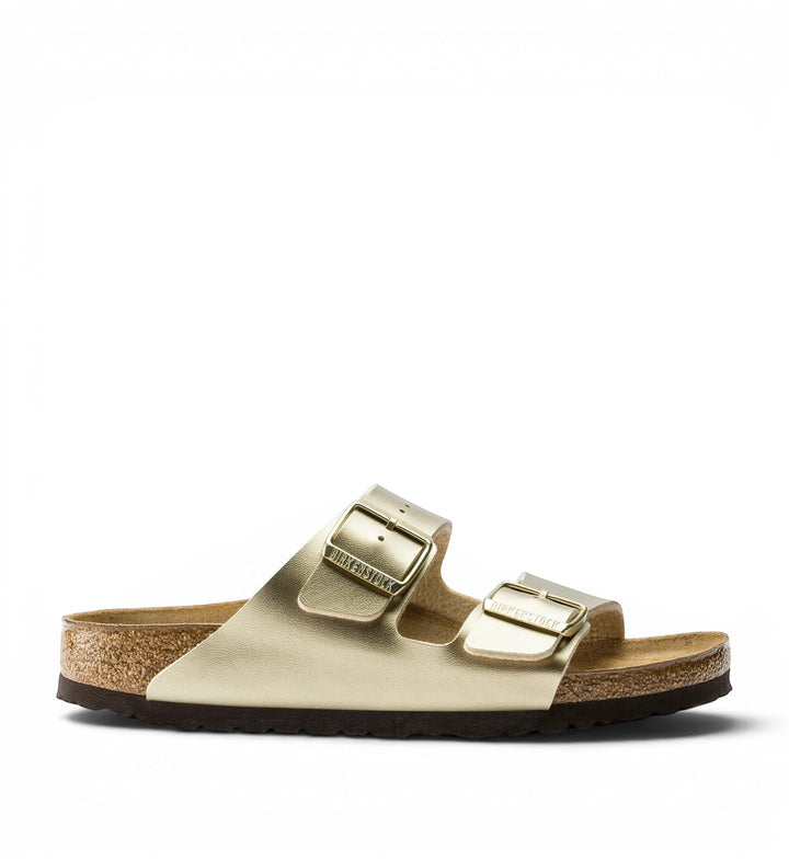 House of Florian Arizona Birko-Flor metallic gold double-strap sandals with adjustable buckles and cork footbed.
