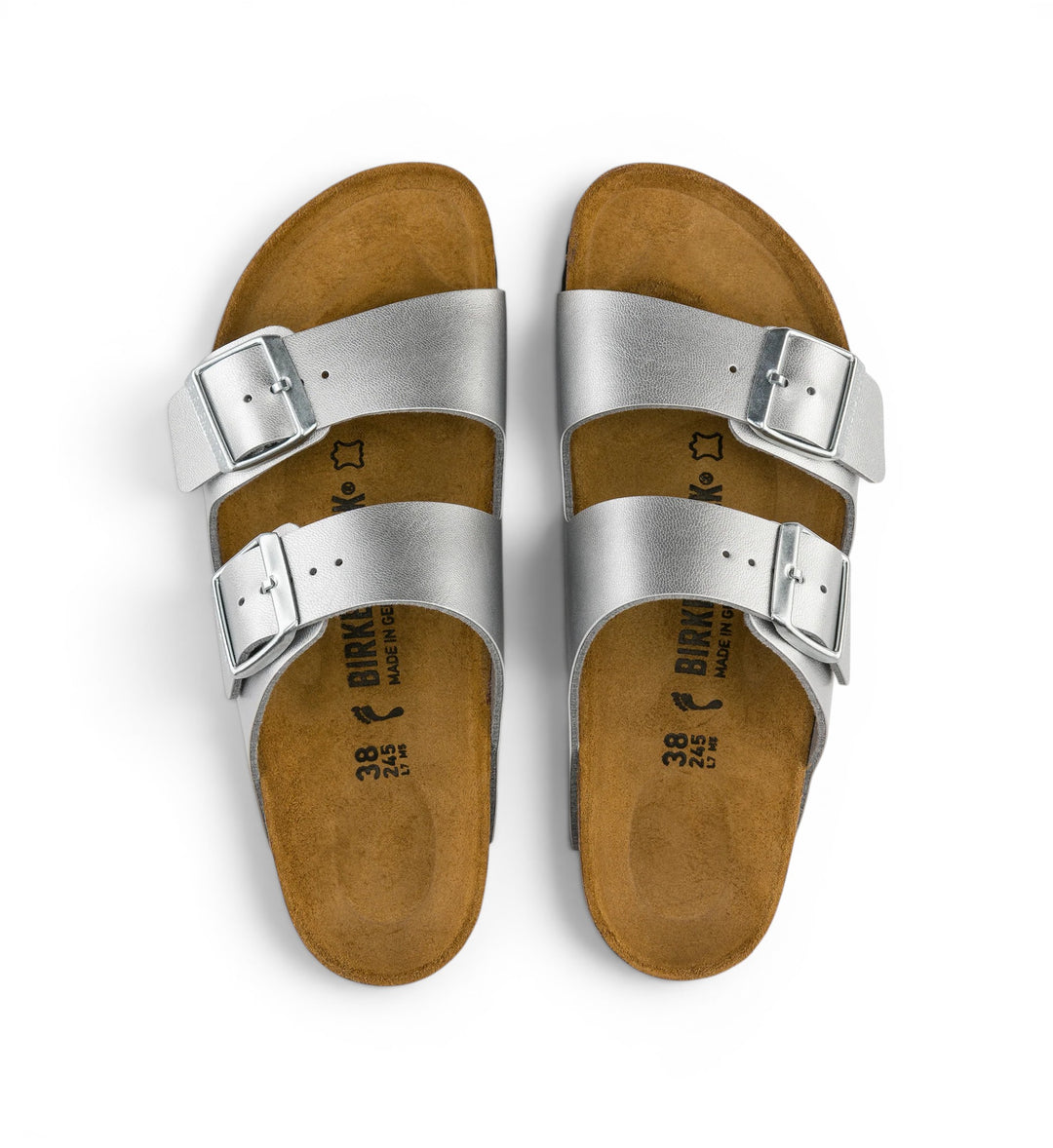 House of Florian Arizona Birko-Flor metallic silver double-strap sandals with adjustable buckles and cork footbed.