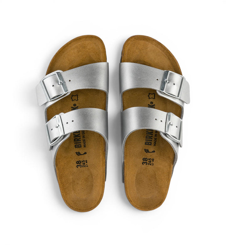 House of Florian Arizona Birko-Flor metallic silver double-strap sandals with adjustable buckles and cork footbed.