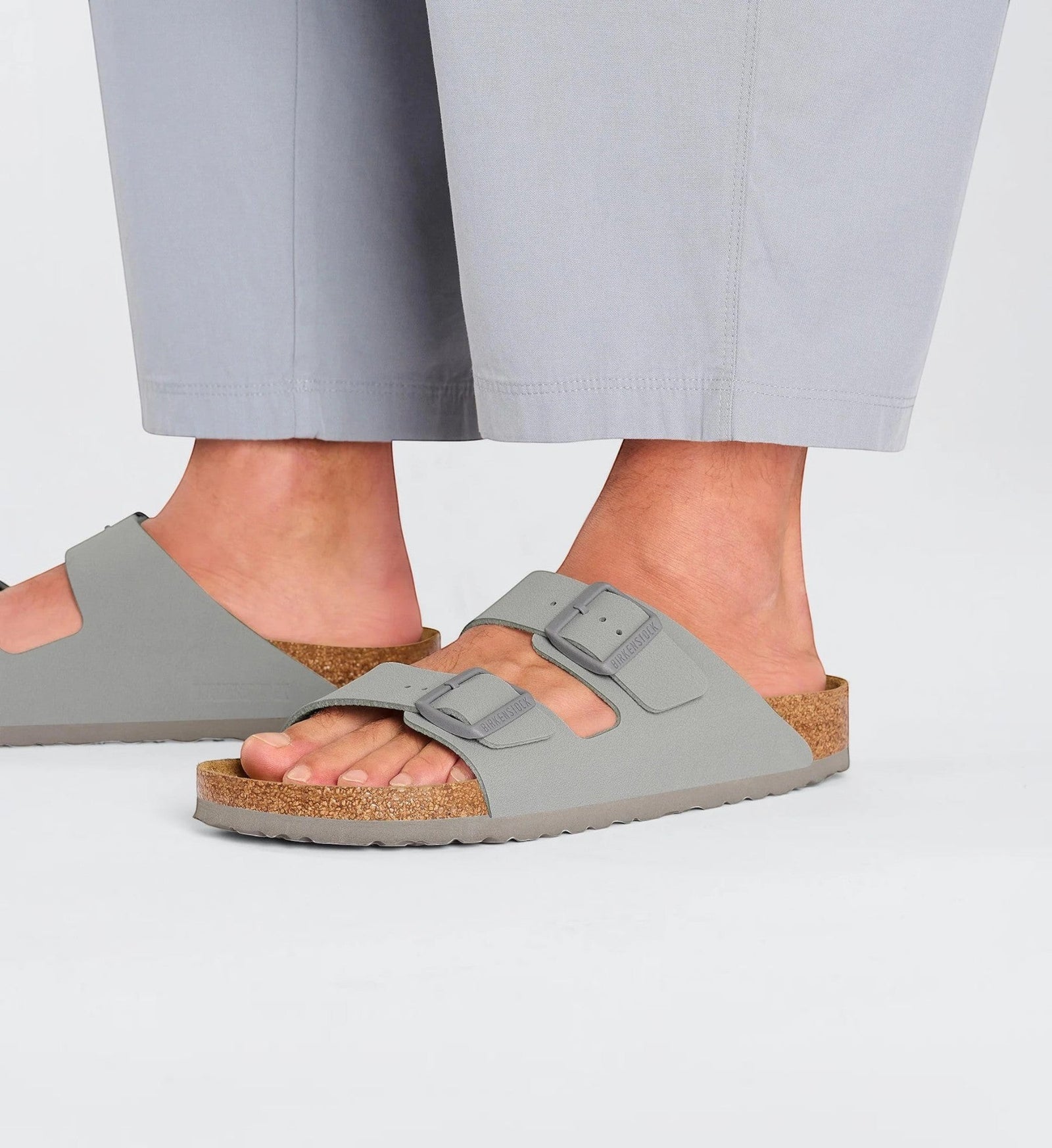 House of Florian Arizona Birko-Flor Stone Coin sandals with two adjustable grey buckles and cork footbed.