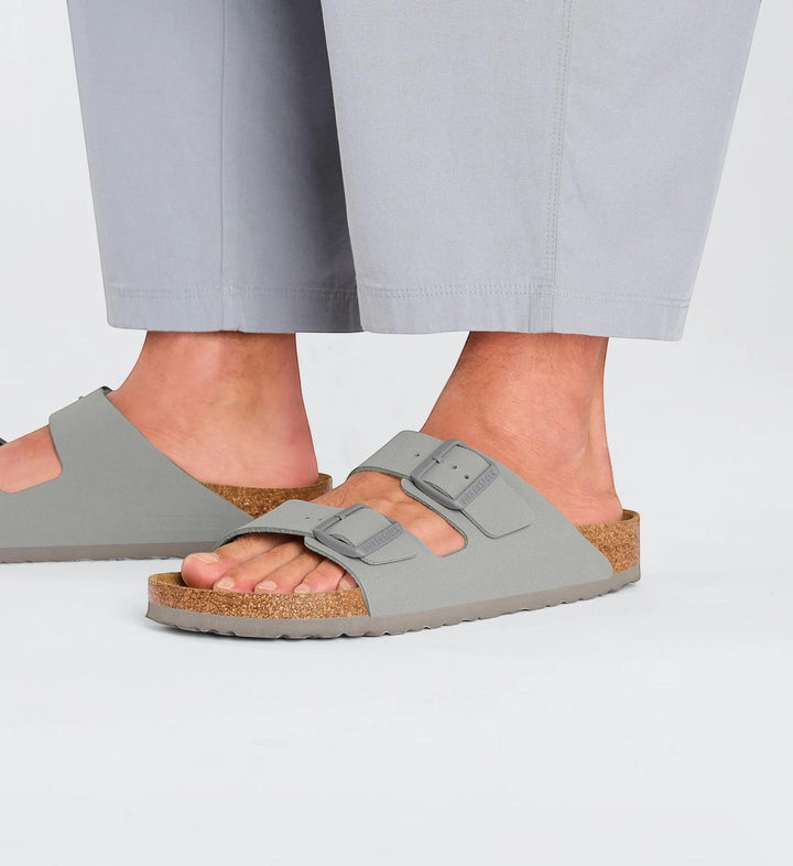 House of Florian Arizona Birko-Flor Stone Coin sandals with two adjustable grey buckles and cork footbed.