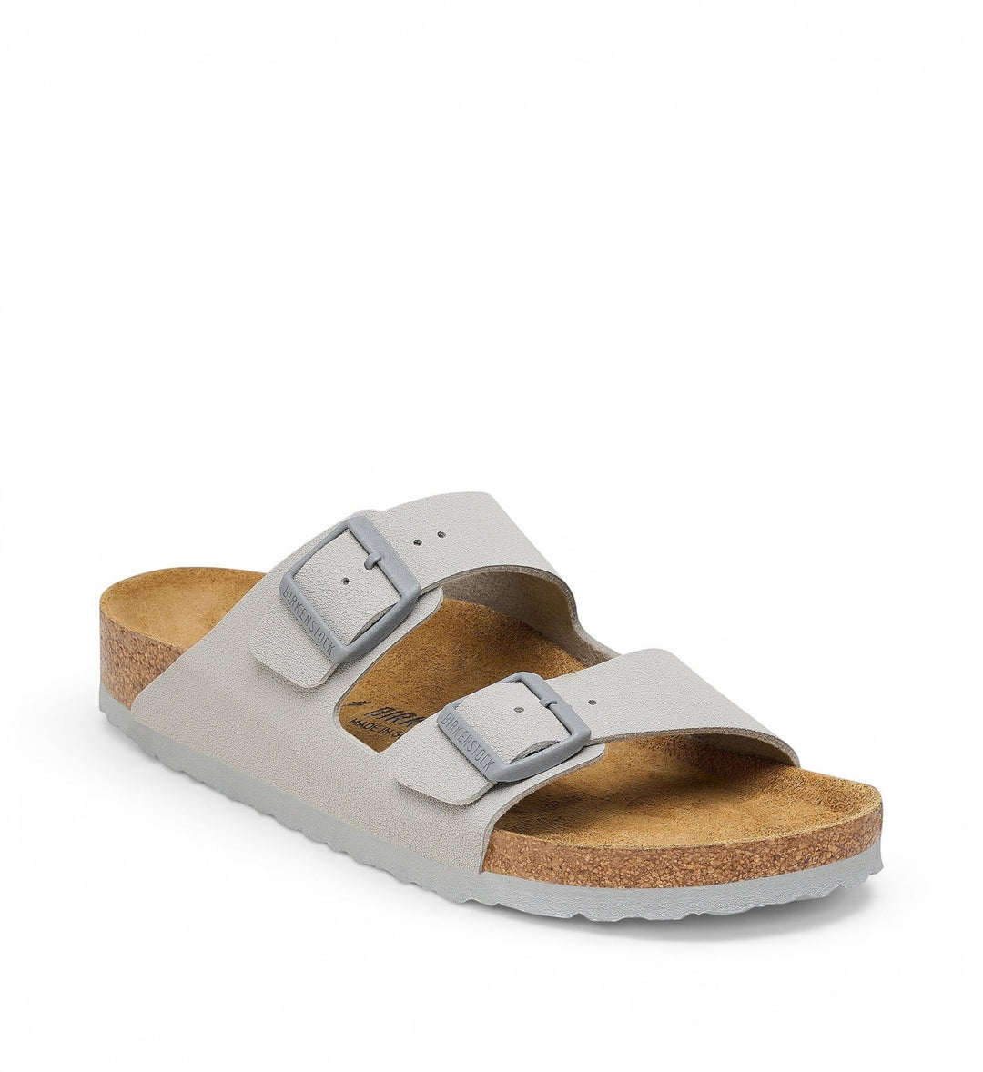 House of Florian Arizona Birko-Flor Stone Coin sandals with two adjustable grey buckles and cork footbed.