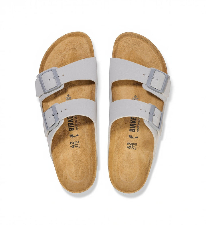 House of Florian Arizona Birko-Flor Stone Coin sandals with two adjustable grey buckles and cork footbed.