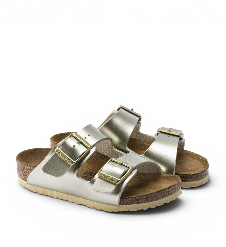 House of Florian Arizona kids sandals in electric metallic gold Birko-Flor with adjustable buckles and cork footbed.