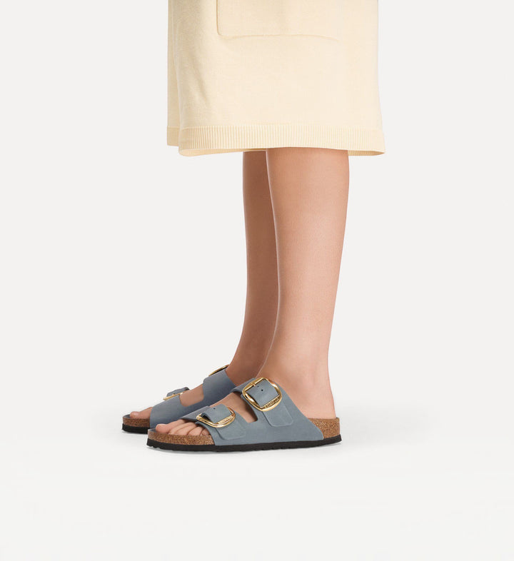 House of Florian Arizona sandals in basalt grey oiled leather with large gold buckles and cork footbed