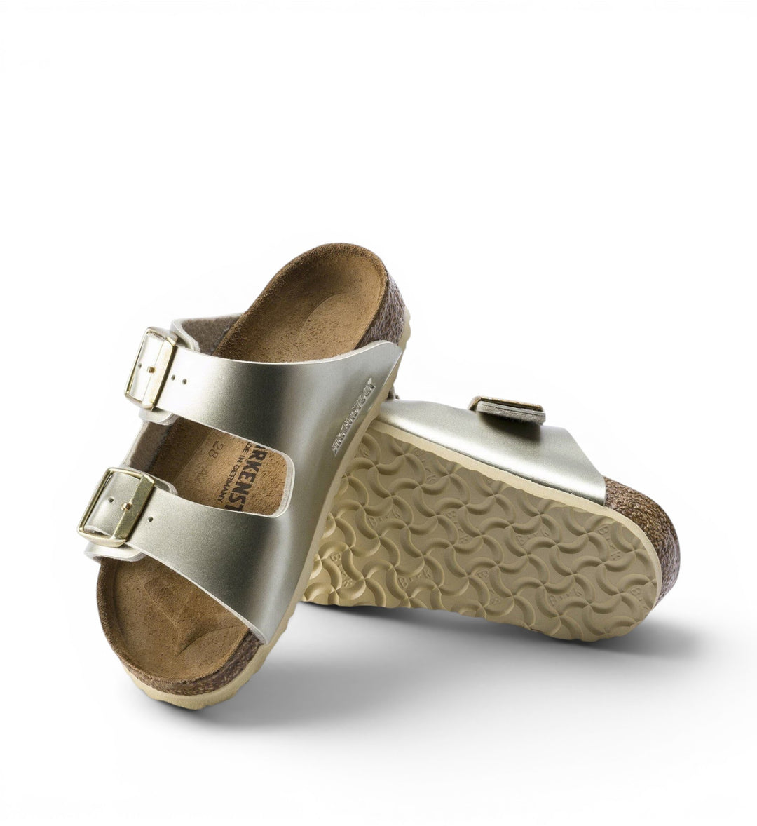 House of Florian Arizona kids sandals in electric metallic gold Birko-Flor with adjustable straps and cork footbed.