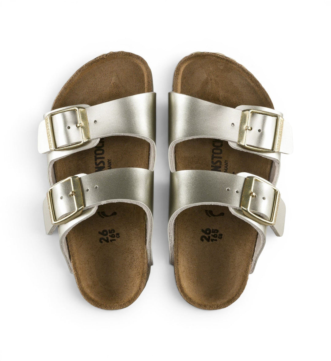 House of Florian Arizona kids sandals in electric metallic gold Birko-Flor with dual adjustable buckle straps