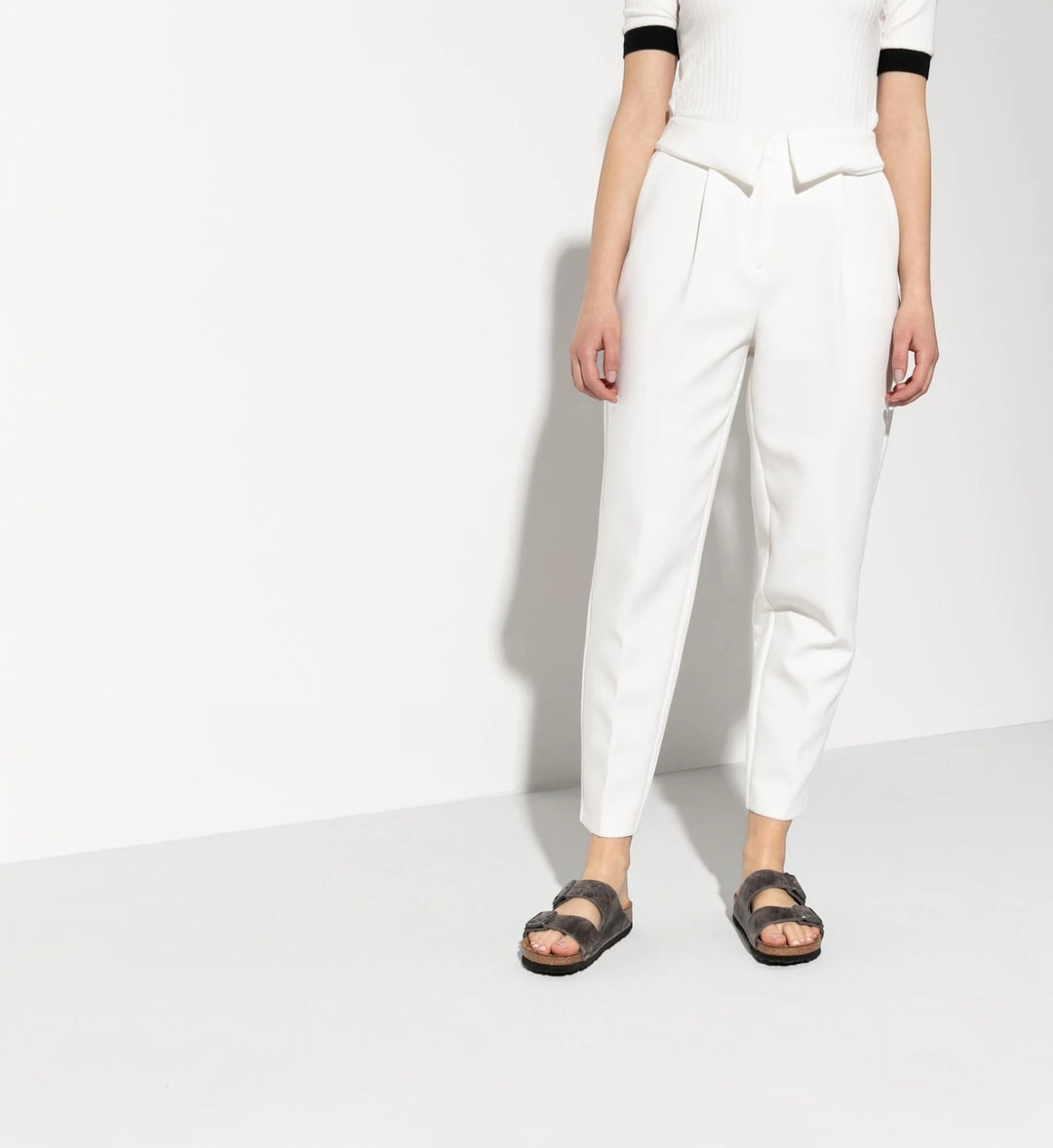 House of Florian Arizona Oiled Leather SFB Iron sandals in dark grey worn with white trousers