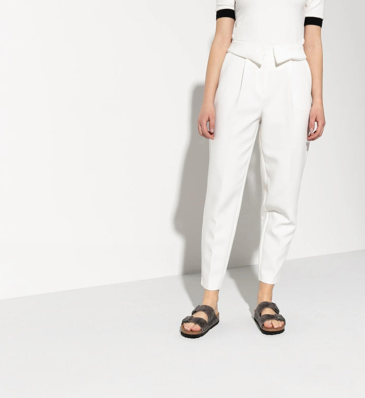 House of Florian Arizona Oiled Leather SFB Iron sandals in dark grey worn with white trousers