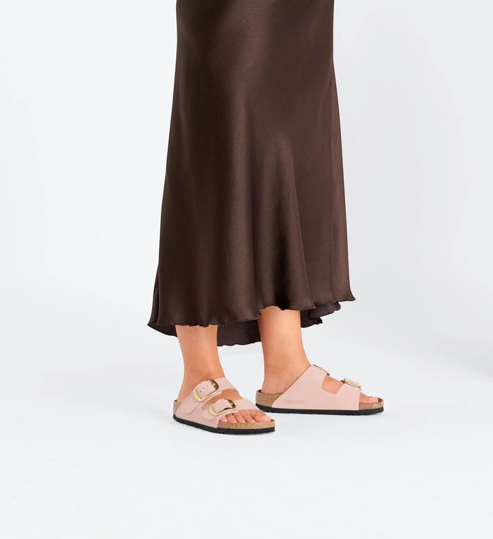 House of Florian Arizona Big Buckle sandals in soft pink nubuck leather with gold buckles worn with a brown skirt