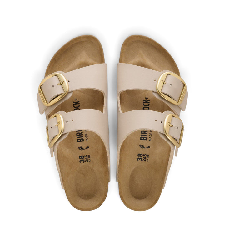 House of Florian Arizona Big Buckle sandals in sandcastle beige Birko-Flor with oversized gold-tone buckles