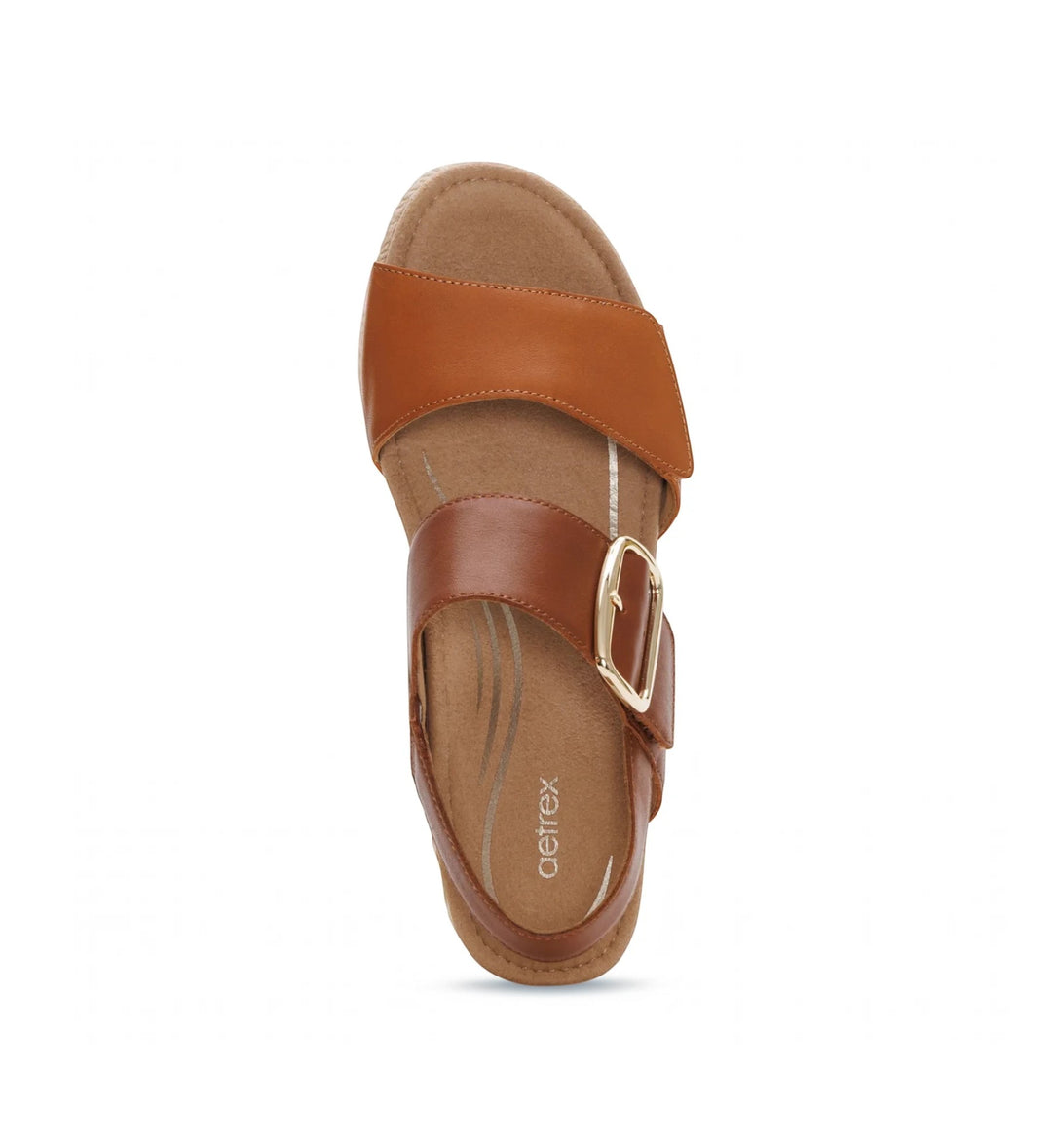 House of Florian Ashley Coffee Multi leather sandal with gold buckle detail and cushioned footbed, top view