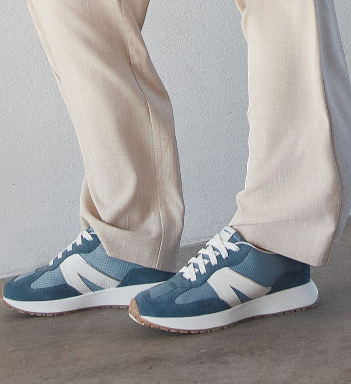House of Florian Axel II Denim sneakers in blue suede and rPET knit with white accents and laces.