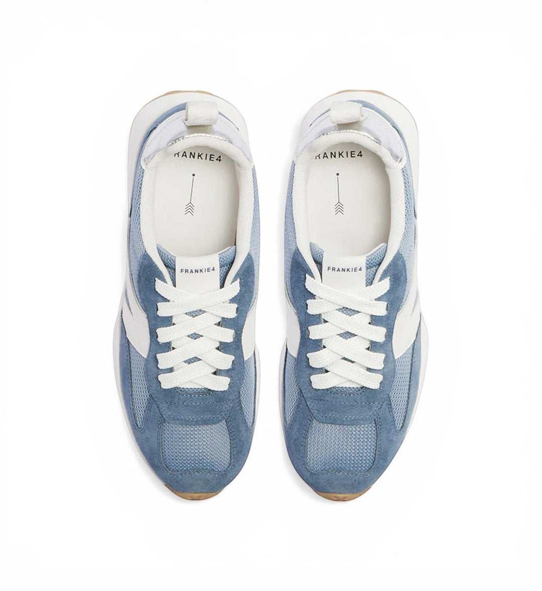 House of Florian Axel II denim blue suede and recycled knit sneakers with white accents and laces.