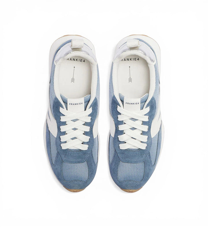 House of Florian Axel II denim blue suede and recycled knit sneakers with white accents and laces.