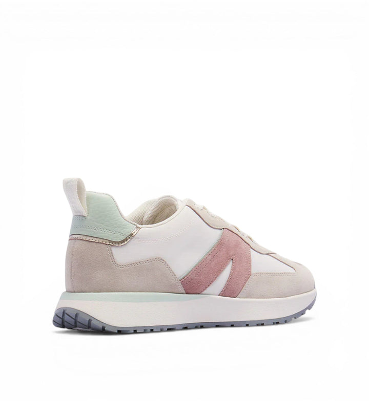 House of Florian Axel II Glacier sneakers with white leather, pink and grey suede accents, and mint green heel detail.
