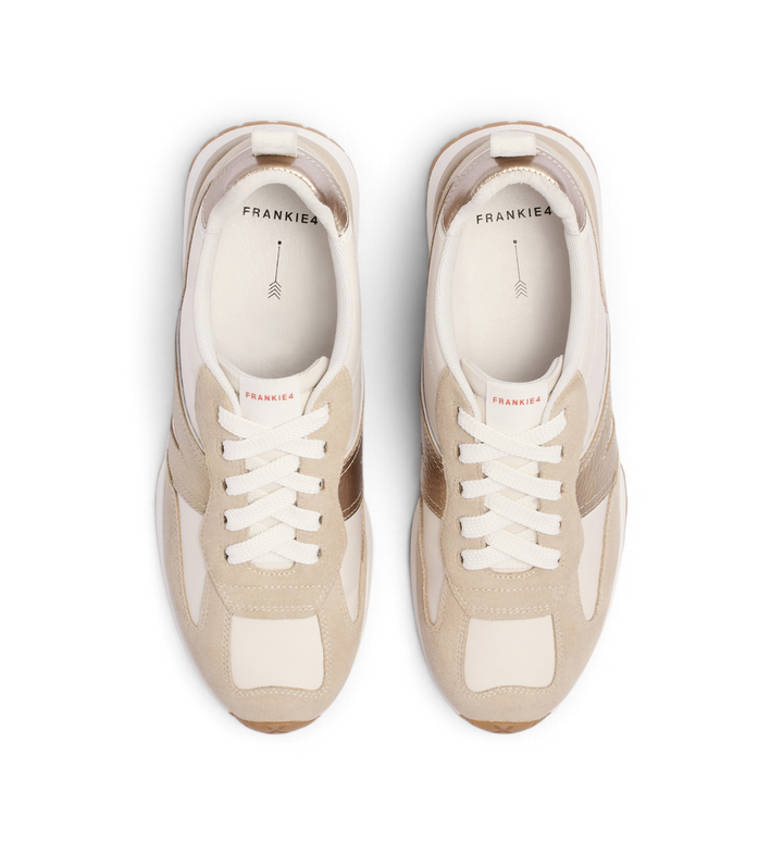 House of Florian Axel II Golden Sand sneakers featuring a beige and metallic gold panelled design with white laces.