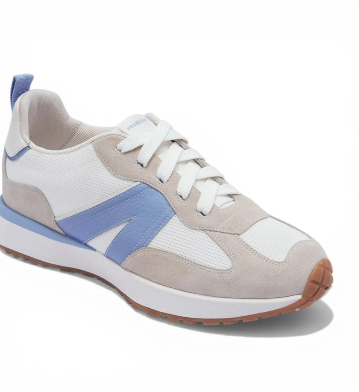 House of Florian Axel II sneakers in white, cornflower blue, and beige suede with white laces and a gum sole.