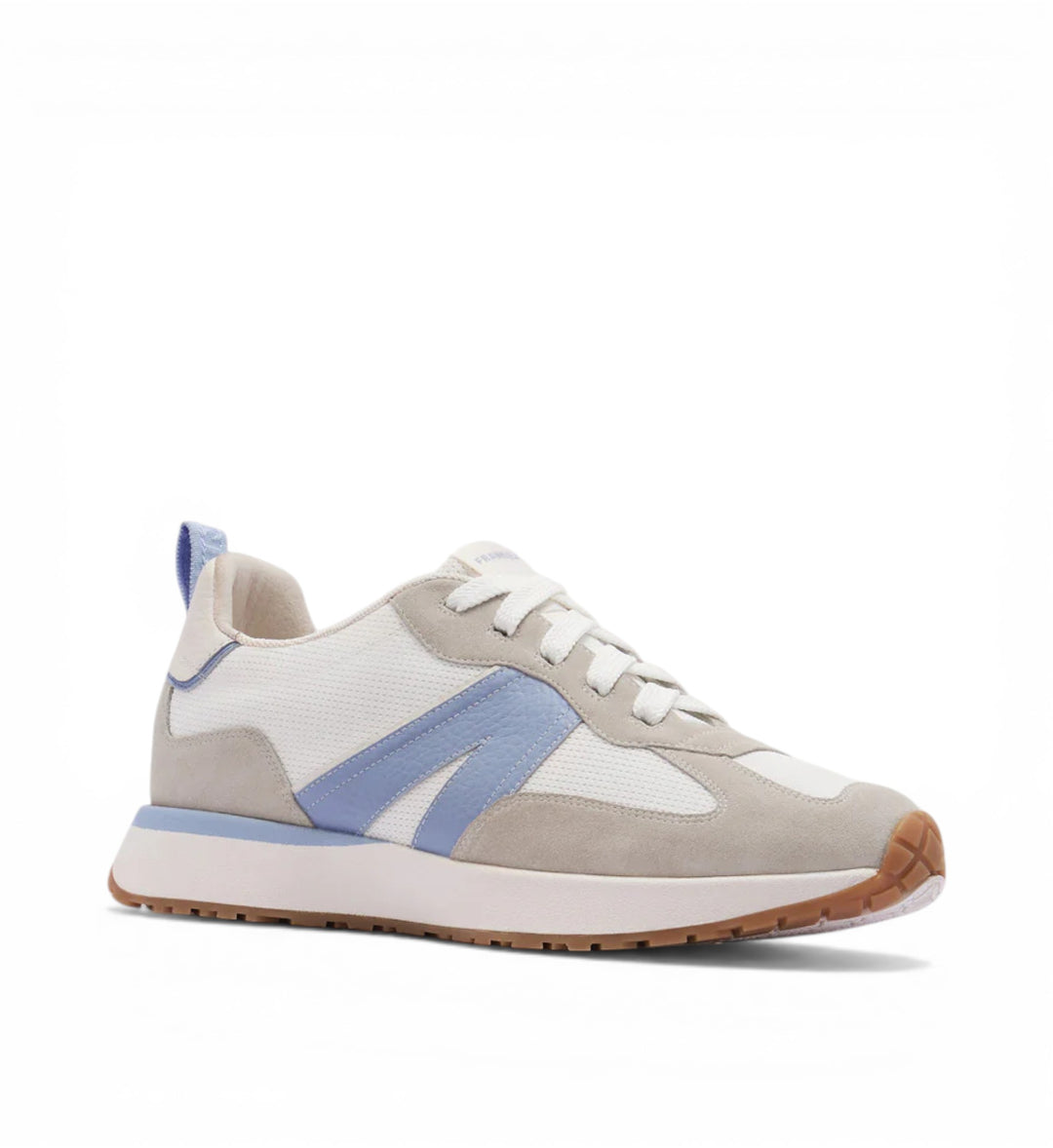 House of Florian Axel II sneakers in white, light grey suede, and cornflower blue accents. Leather and textile upper with cushioned sole.