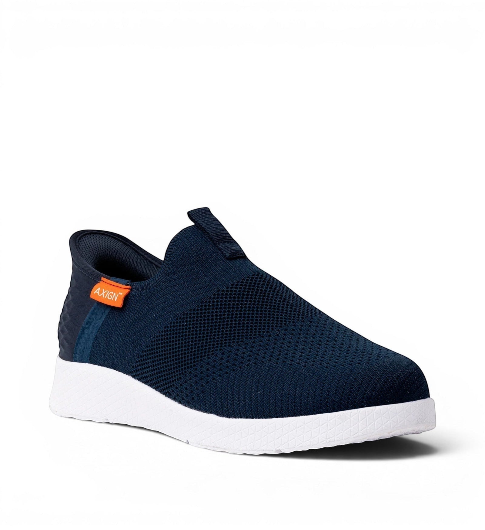 House of Florian Axign navy blue knit slip-on sneakers with white soles and orange logo tag.