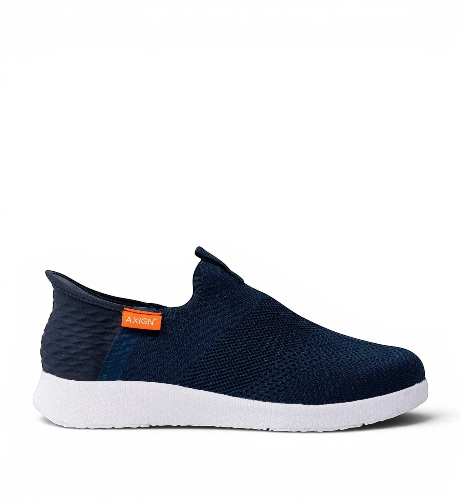 House of Florian Axign navy blue knit slip-on sneakers with white soles and textured heel detail.