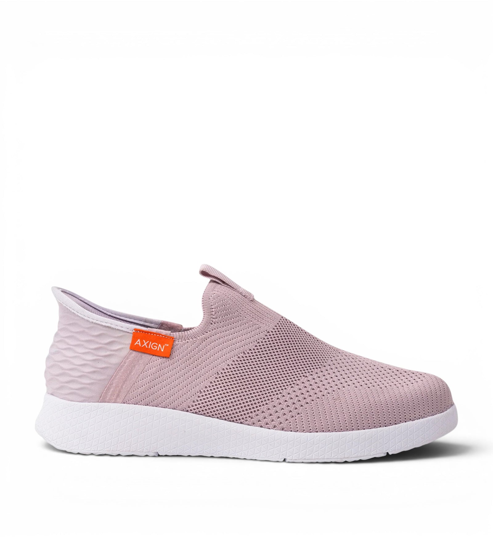 House of Florian Axign Slipstream lightweight slip-on shoe in pink knit with white sole and textured heel detail.