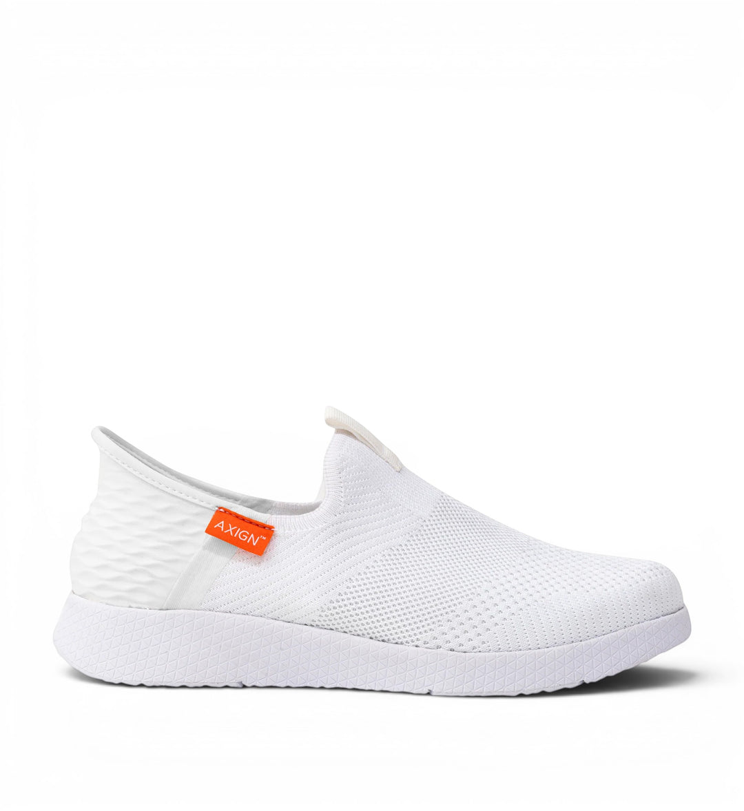 House of Florian Axign white knit slip-on sneakers with textured heel detail and orange logo tag.