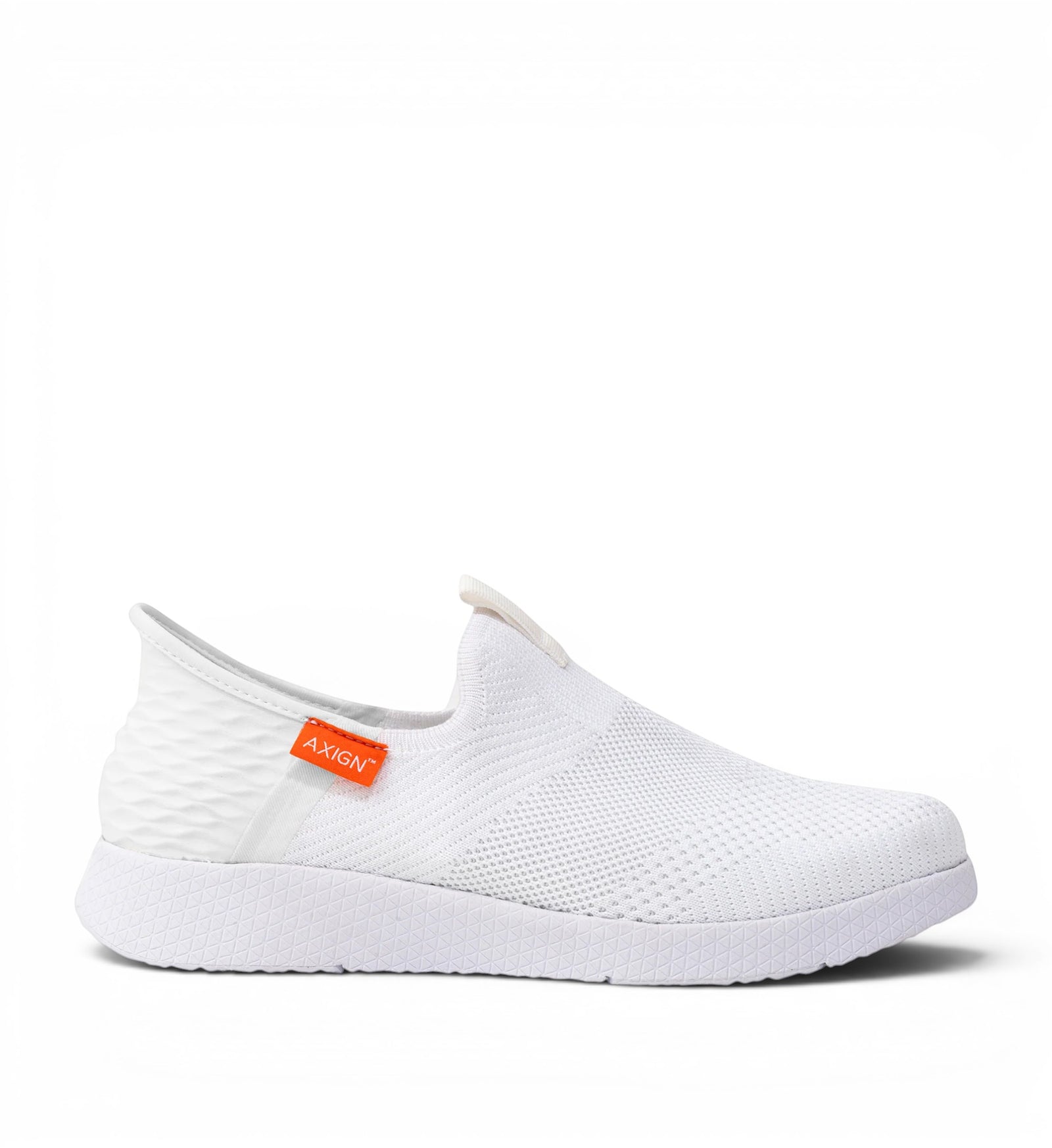 House of Florian Axign white knit slip-on sneakers with textured heel detail and orange logo tag.