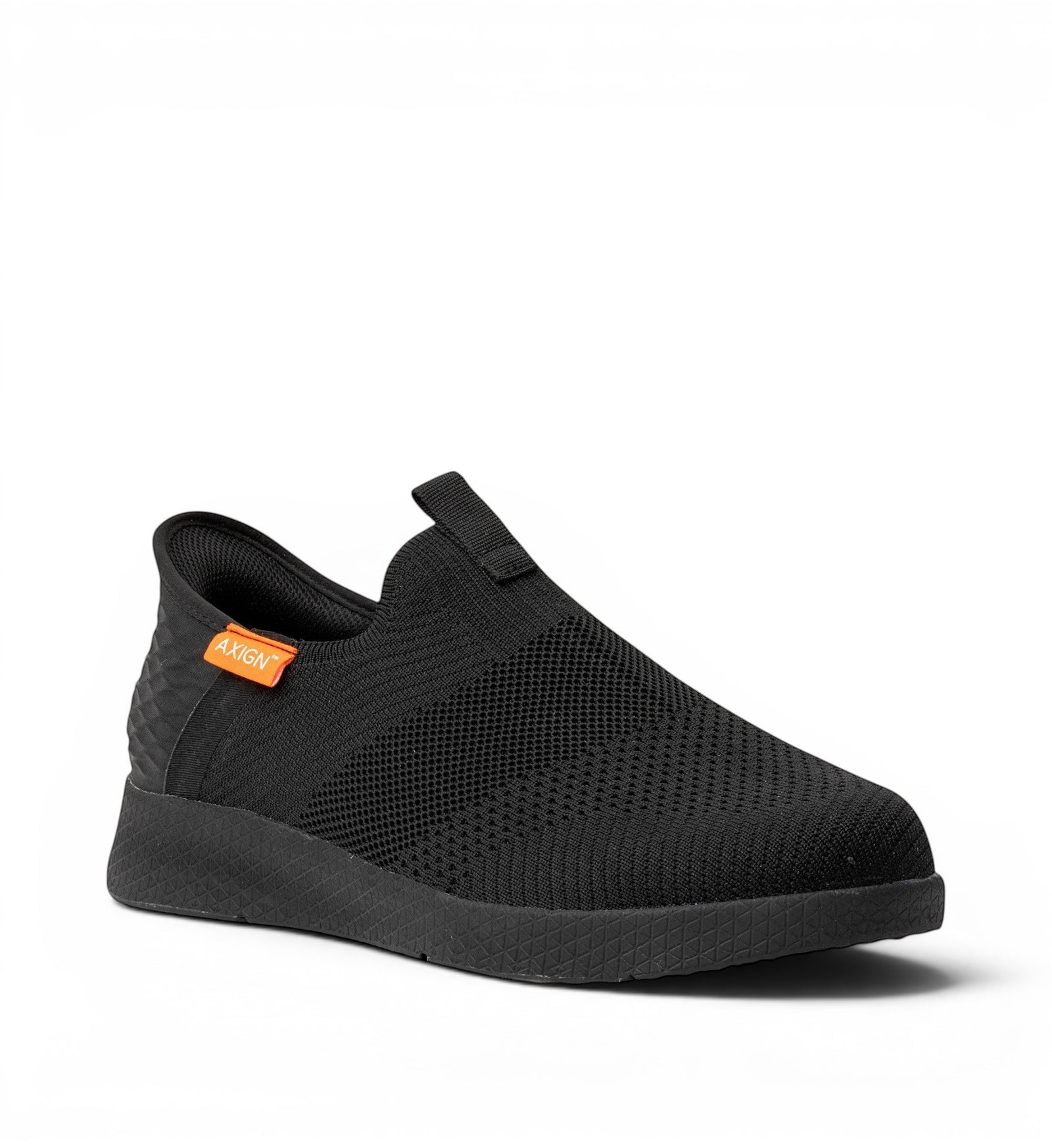 House of Florian Axlign black knit slip-on sneakers with orange logo tag and textured heel detail.