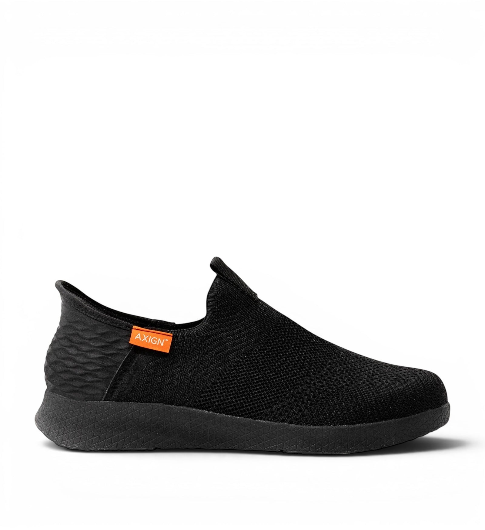 House of Florian Axlign Slipstream lightweight black knit slip-on sneakers with textured heel detail.