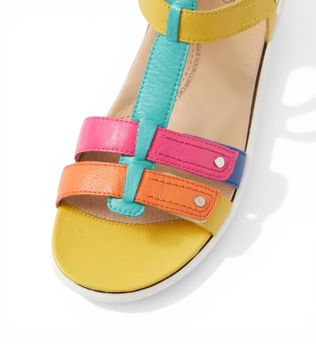 House of Florian Baila W Bright Multi leather sandals with yellow, turquoise, pink, orange, and blue straps. Features a wide fit and supportive footbed.