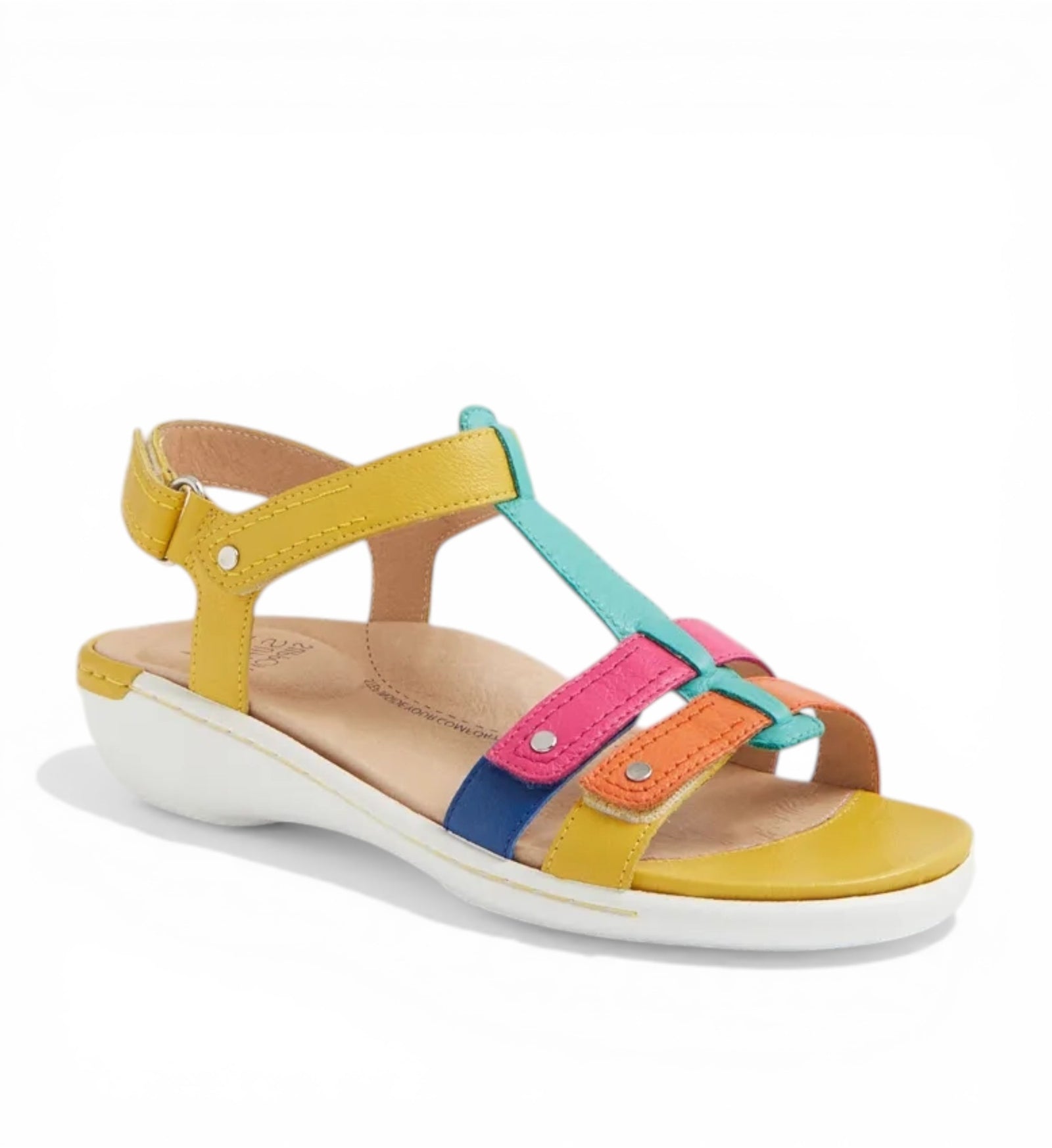 House of Florian Baila W Bright Multi casual leather sandals with yellow, blue, pink, and orange straps and a white sole.