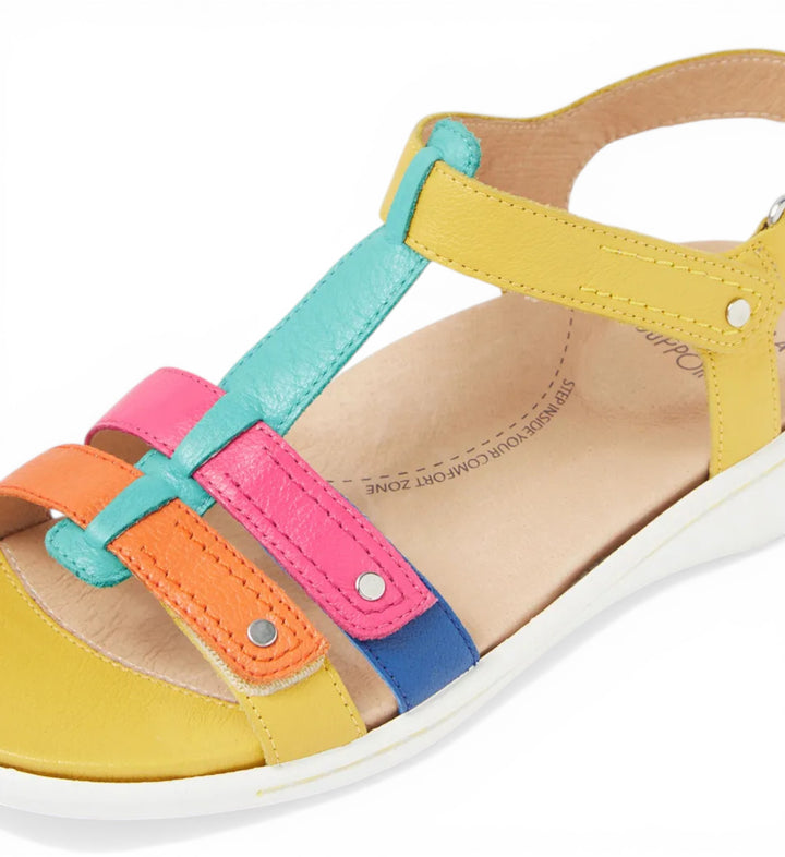 House of Florian Baila W Bright Multi leather sandals with yellow, turquoise, pink, orange, and blue straps. Wide fit with removable footbed.