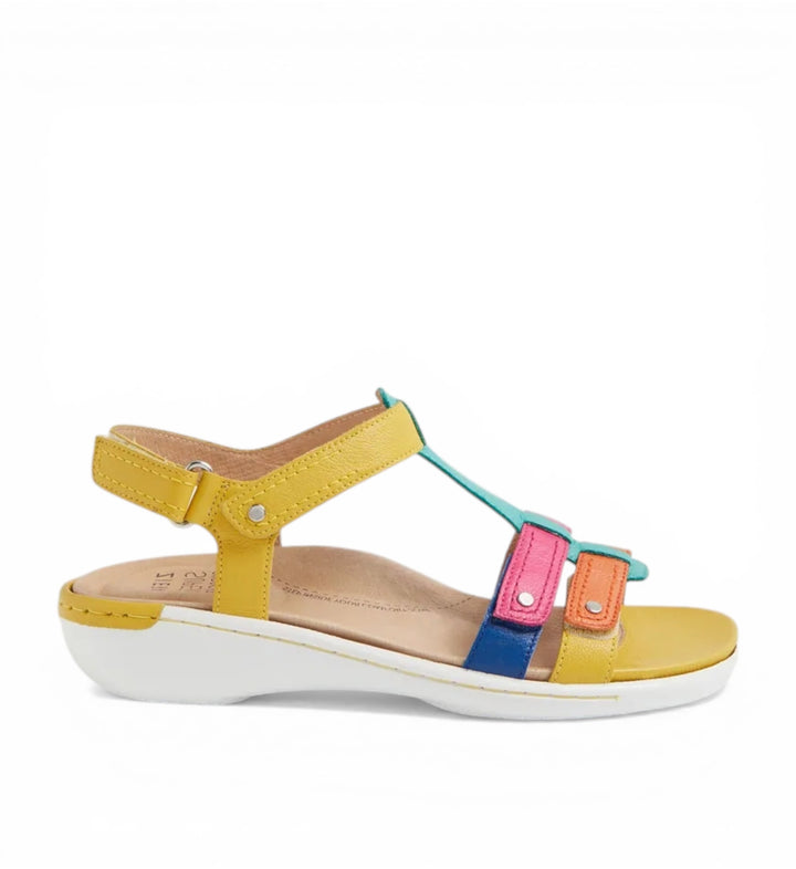 House of Florian Baila W Bright Multi casual leather sandals with yellow, blue, pink, and orange straps and a white sole.
