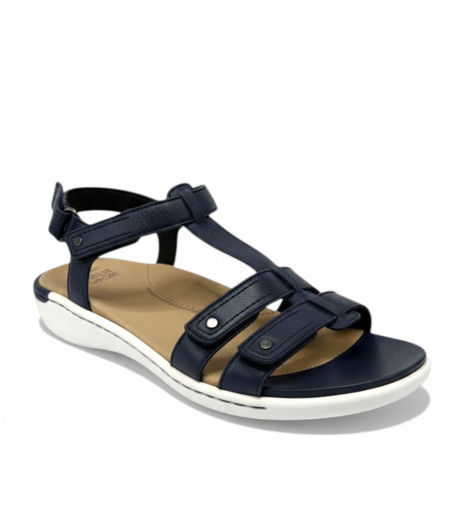 House of Florian Baila W Navy leather sandals with adjustable straps and cushioned footbed.