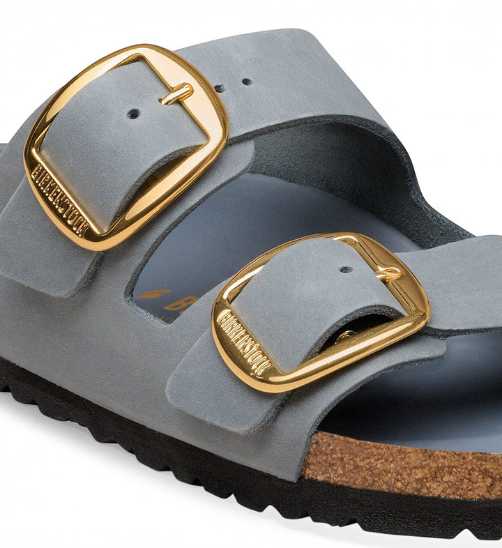 House of Florian Arizona Big Buckle sandals in basalt grey oiled leather with large gold-tone buckles and cork footbed