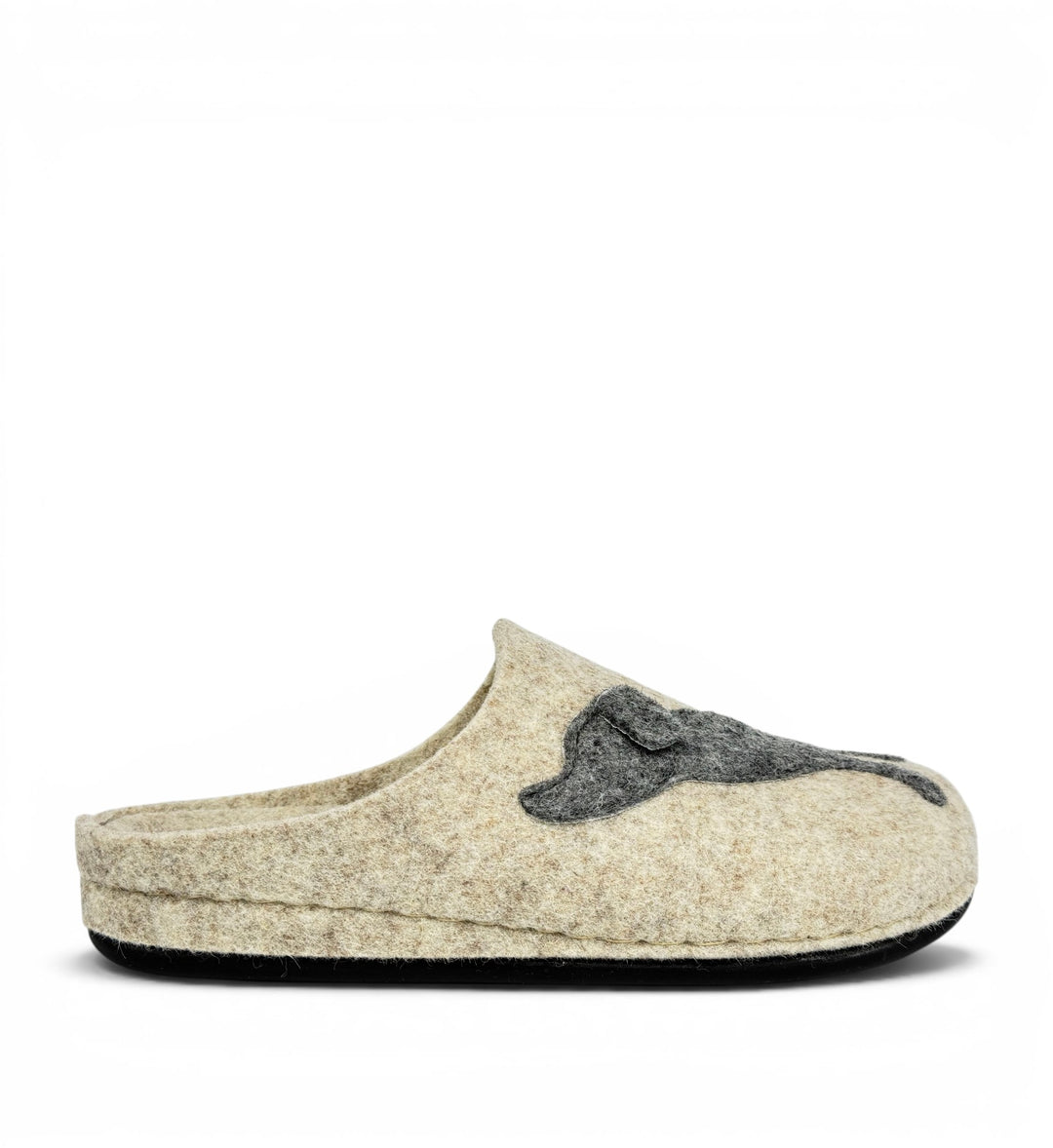 House of Florian beige felt wool slippers featuring a dark grey dog silhouette design on the side