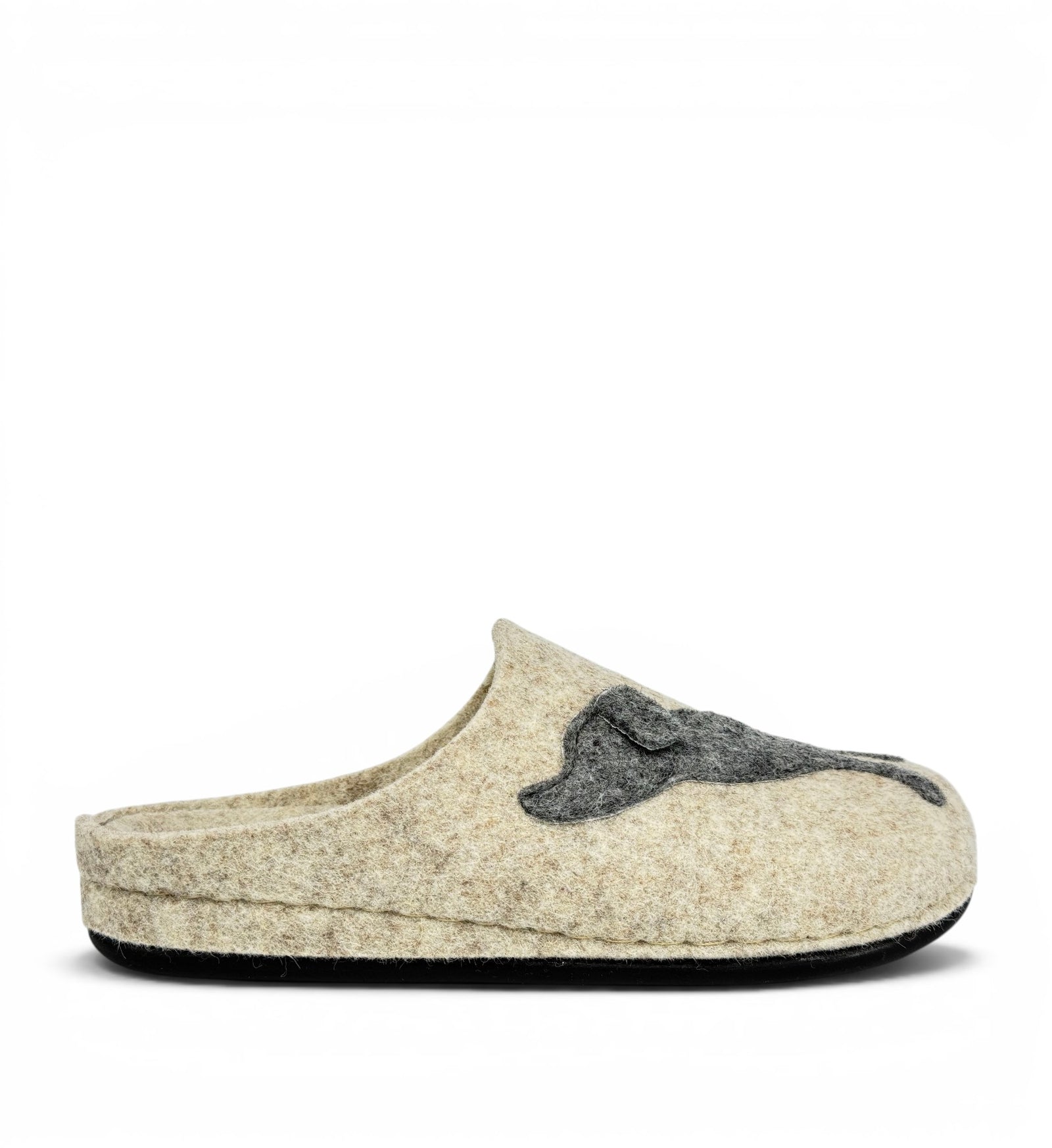 House of Florian beige felt wool slippers featuring a dark grey dog silhouette design on the side